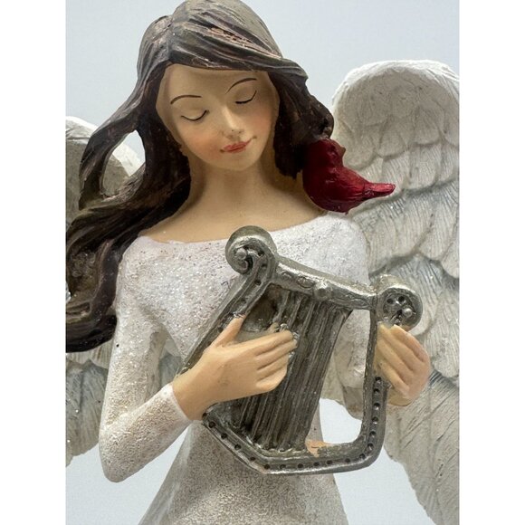Tall Resin Angel Playing Harp Figurine Christmas Decor Cardinal Bird - Picture 2 of 7